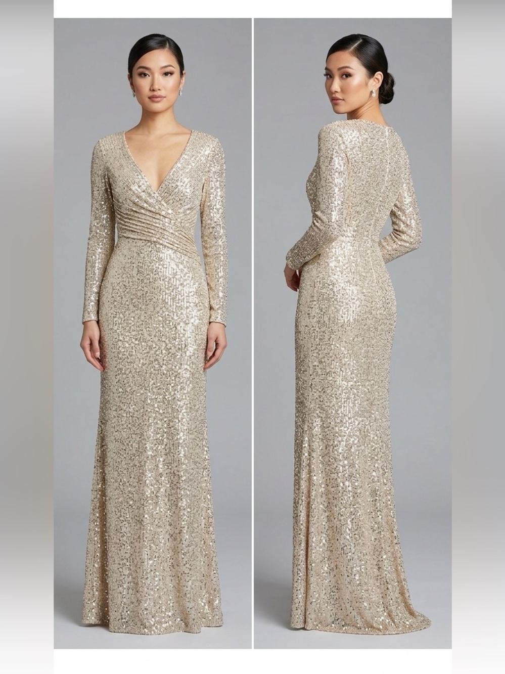 Mac Duggal- 26574 Sequin V-Neck Long Sleeve Evening Gown - Gold. Size 4. NWT